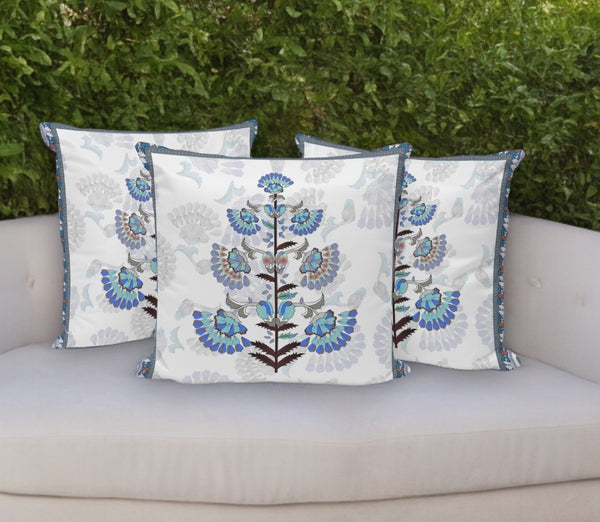 HomeRoots Set of Three 16" Blue and Off-White Botanical Throw Pillows for Indoor/Outdoor Comfort & Style 536358