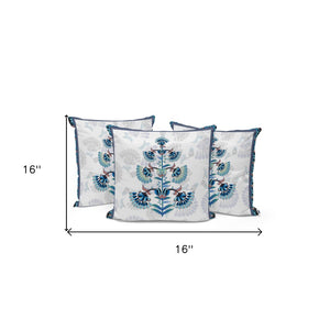 HomeRoots Set of Three 16" Blue and Off-White Botanical Throw Pillows for Stylish Indoor & Outdoor Decor 536359