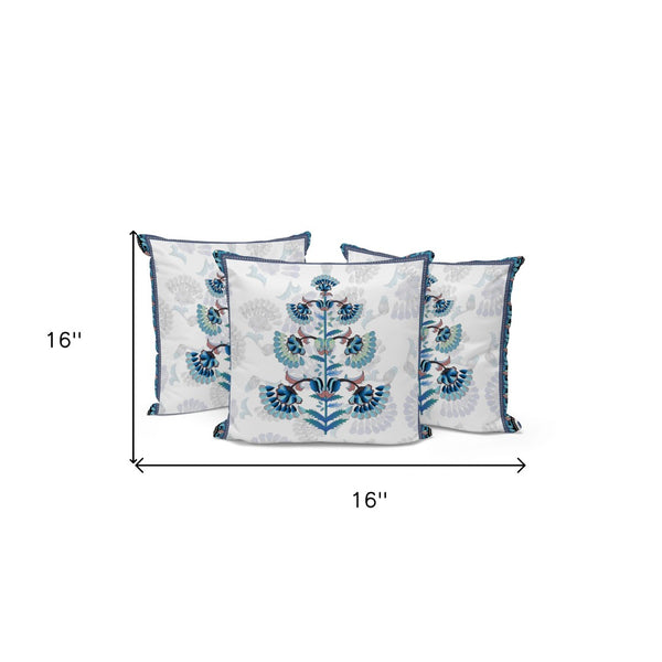 HomeRoots Set of Three 16" Blue and Off-White Botanical Throw Pillows for Stylish Indoor & Outdoor Decor 536359