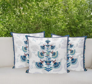 HomeRoots Set of Three 16" Blue and Off-White Botanical Throw Pillows for Stylish Indoor & Outdoor Decor 536359