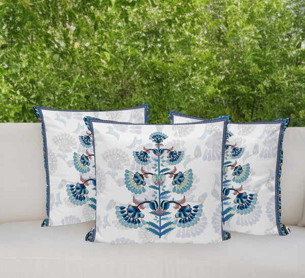 HomeRoots Set of Three 16" Blue and Off-White Botanical Throw Pillows for Stylish Indoor & Outdoor Decor 536359