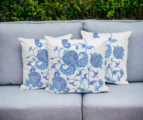 HomeRoots Set of Three 16" Blue and White Botanical Throw Pillows for Indoor & Outdoor Stylish Decor 536395
