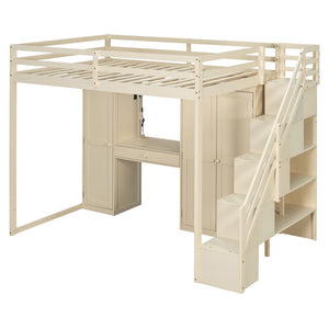 English Elm Full Size Loft Bed with Wardrobe Dressing Mirror Usb Ports and Teen Room Storage LT000276AAA