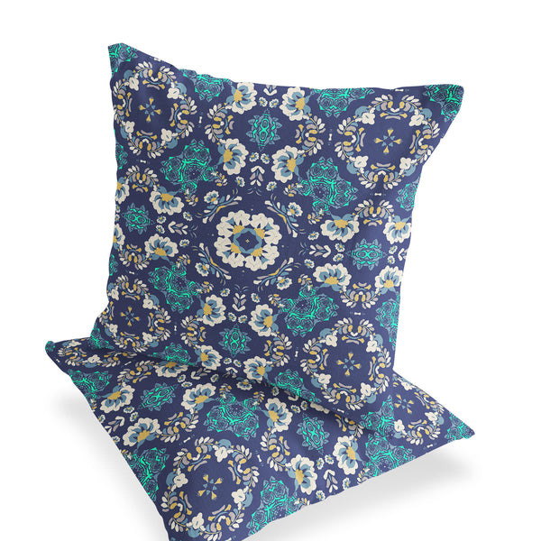 Homeroots Set Of Two 18" Blue Botanical Indoor Outdoor Throw Pillow Cover And Insert  Polyester 536473