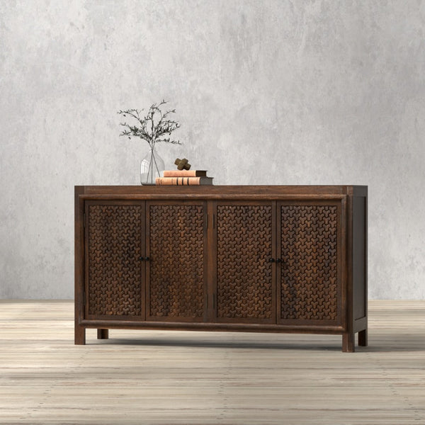 Sarreid Battle Chainmail 4 Door Sideboard - Elegant Mango Wood With Rich Brown Finish For Stylish Storage Brown  53648