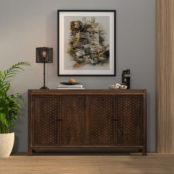 Sarreid Battle Chainmail 4 Door Sideboard - Elegant Mango Wood With Rich Brown Finish For Stylish Storage Brown  53648