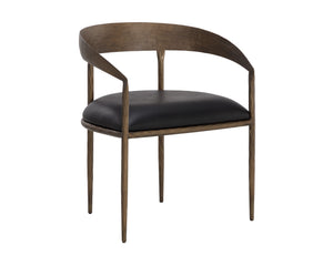 Sunpan Zanatta Dining Armchair – Handcrafted Antique Brass Frame with Unique Hammered Metal Detailing Charcoal Black Leather