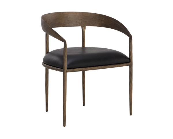 Sunpan Zanatta Dining Armchair – Handcrafted Antique Brass Frame with Unique Hammered Metal Detailing Charcoal Black Leather
