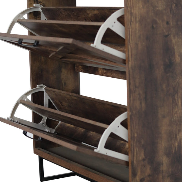 English Elm Shoe Rustic Brown Flip Drawer Cabinet with Metal Legs — Slim 24–32 Pair Organizer, Anti-Tip Entryway W1347P183668