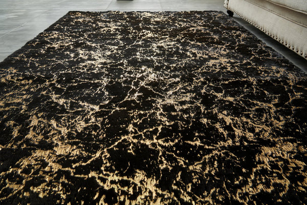 English Elm Luxury Black Abstract Gold-Gilded Chinchilla Faux Fur Area Rug - Soft, Machine Washable Elegance! B030P233678