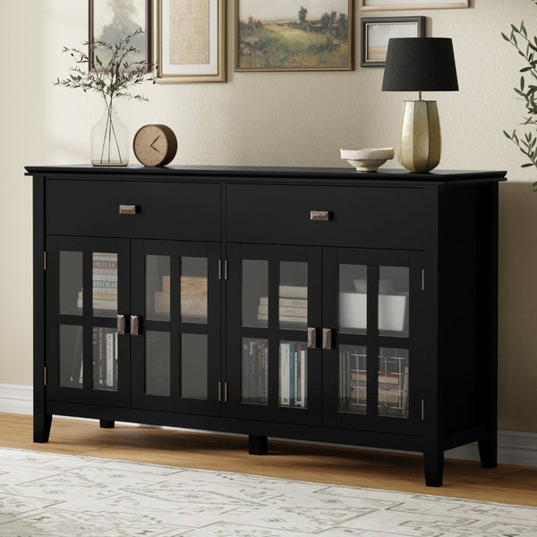 English Elm Artisan Solid Pine Buffet with Glass Panel Doors Matte Black Dining Storage B136P439010