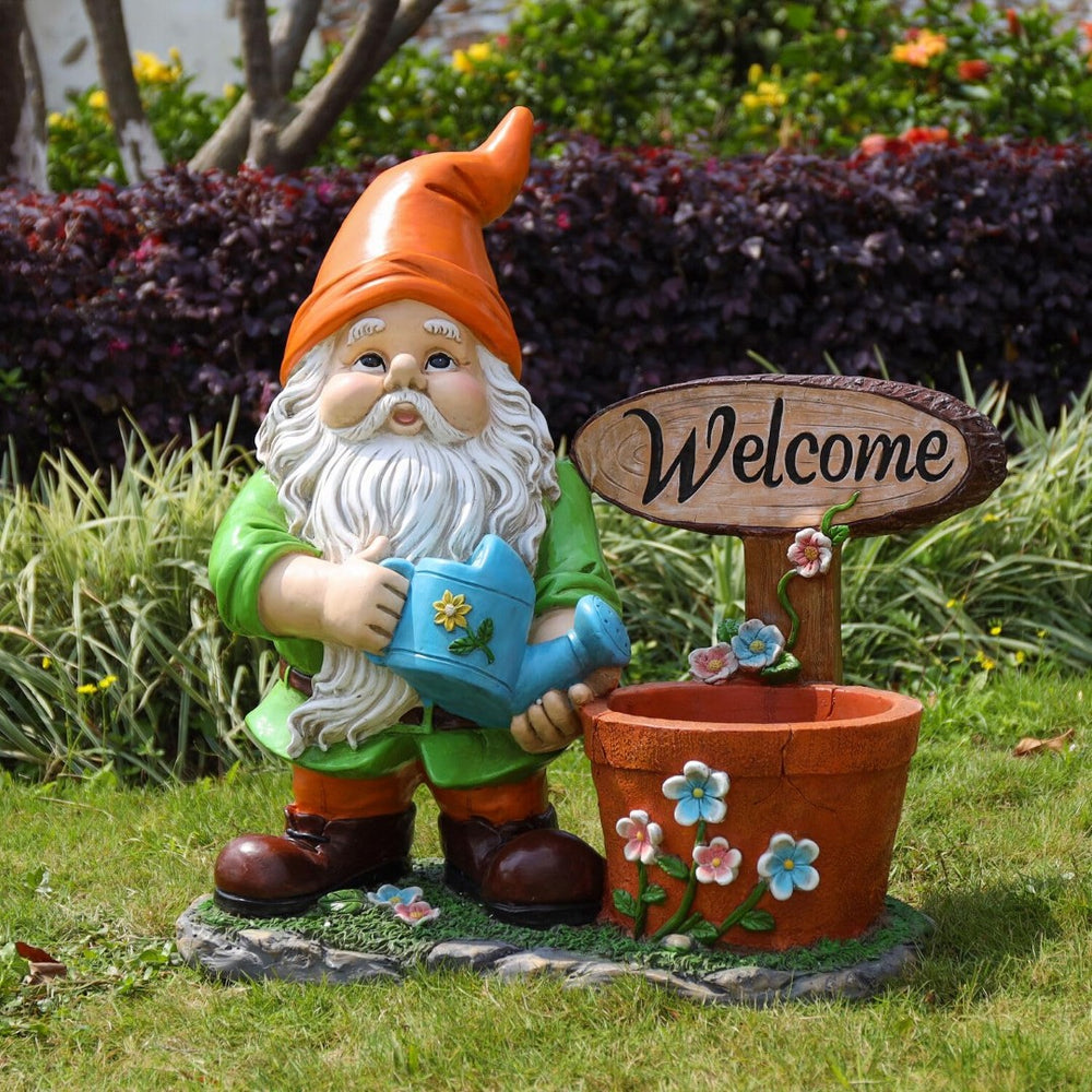 English Elm Outdoor Gnome Statue with Integrated Planter Bowl Whimsical Garden Focal Point W5398P455469