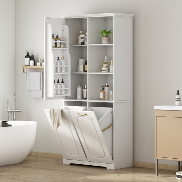 English Elm [video] Freestanding 68 Inch Tall Storage Cabinet with Tilt Out Hampers and Soft Close Door White N759S427900K