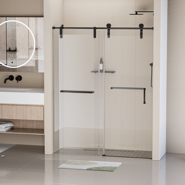 English Elm 56-60 in Frameless Sliding Shower Door Tempered Glass Matte Black Stainless Hardware W1920S00058