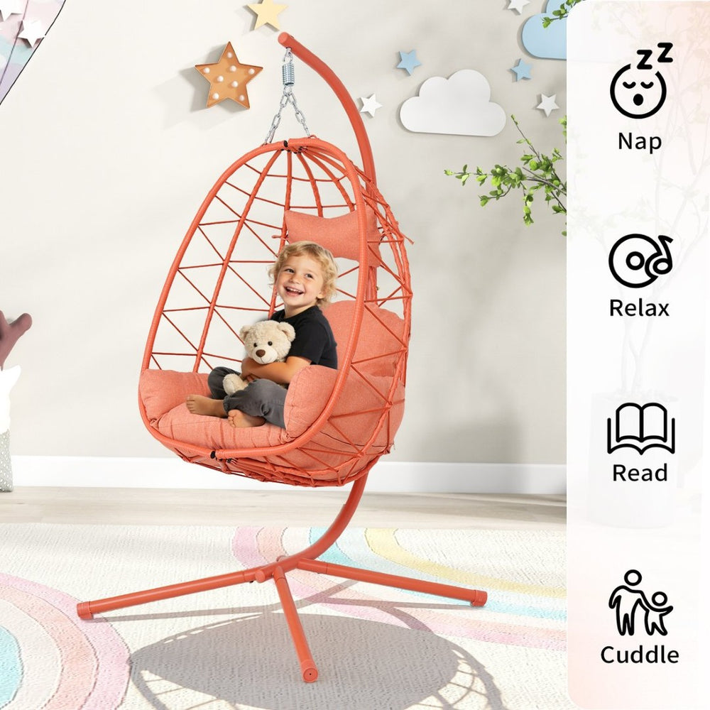 English Elm Hanging Egg Chair Woven Pe Wicker Swing with Stand Washable Cushion Patio Garden T5880P497579