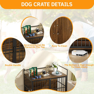 English Elm Dog Kennel Furniture Console with Rotating Feeder Bowls Steel Frame Brown Finish W3190P350230