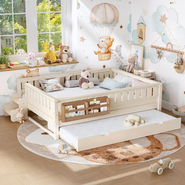 English Elm Queen Bunk Bed with Trundle Solid Pine Kids Car Themed Frame Built-in Bookshelf Beige W1580S00562