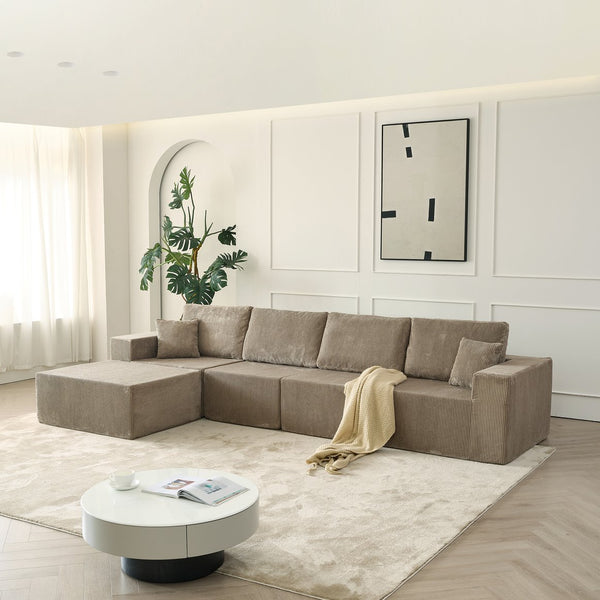English Elm 139.3" Modular Sectional Sofa - Cloud-Like Boneless Corduroy Couch with Ottoman, 2 Pillows, No Assembly Grey W2656S00010