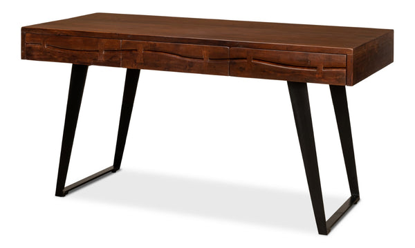Sarreid Genius Empire Desk - Stylish Medium Brown Acacia & Iron Design For Modern Home Office Elegance Brown  53698