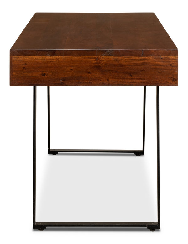 Sarreid Genius Empire Desk - Stylish Medium Brown Acacia & Iron Design For Modern Home Office Elegance Brown  53698