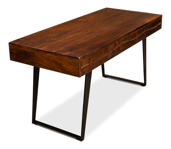 Sarreid Genius Empire Desk - Stylish Medium Brown Acacia & Iron Design For Modern Home Office Elegance Brown  53698