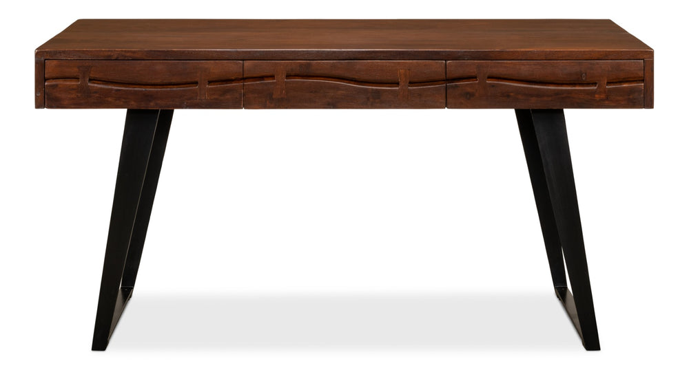 Sarreid Genius Empire Desk - Stylish Medium Brown Acacia & Iron Design For Modern Home Office Elegance Brown  53698