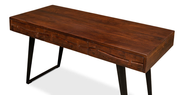 Sarreid Genius Empire Desk - Stylish Medium Brown Acacia & Iron Design For Modern Home Office Elegance Brown  53698