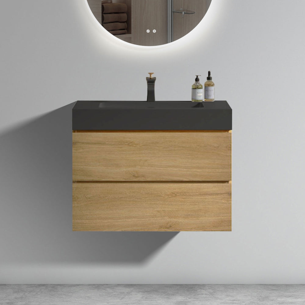 English Elm U091-Alice30W-106 Natural Oak 30" Wall-Mounted Bathroom Vanity with Black One-Piece Basin, Soft-Close Drawers, Eco E1 Construction W1865S00044