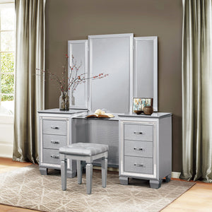 English Elm Modern Allura Tufted Vanity Stool with Acrylic Crystal Accent, Luxurious Faux Leather Seat, Chic Bedroom Accent Piece Silver 18.5 L x 17 W x 8.5 H B011P366051