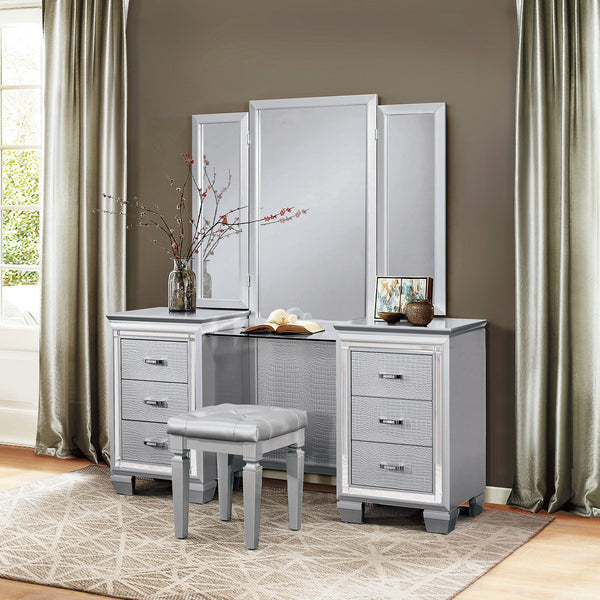 English Elm Modern Allura Tufted Vanity Stool with Acrylic Crystal Accent, Luxurious Faux Leather Seat, Chic Bedroom Accent Piece Silver 18.5 L x 17 W x 8.5 H B011P366051