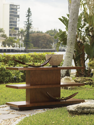Lexington Tommy Bahama Home Lagoon Sofa Table – Elegant Island-inspired Design With Woven Rattan & Etched Sea Glass Shelves Bali  536-967