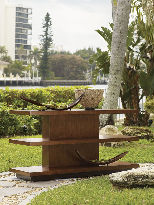 Lexington Tommy Bahama Home Lagoon Sofa Table – Elegant Island-inspired Design With Woven Rattan & Etched Sea Glass Shelves Bali  536-967