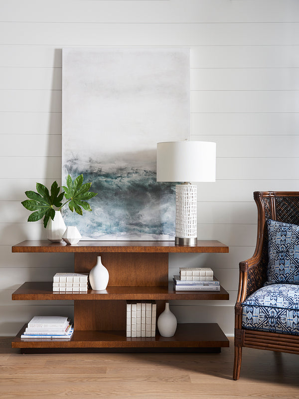 Lexington Tommy Bahama Home Lagoon Sofa Table – Elegant Island-inspired Design With Woven Rattan & Etched Sea Glass Shelves Bali  536-967