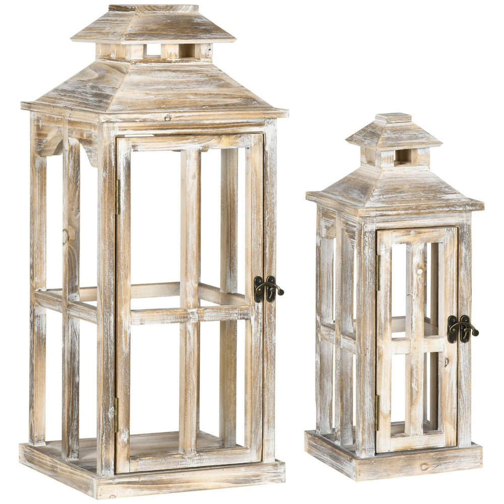 English Elm Homcom Fir Wood Rustic Lantern Set of Two Farmhouse Decor for Mantel or Porch W2225P217278