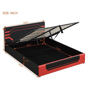 English Elm Modern Cyberpunk Queen Platform Bed Hydraulic Storage Pu Upholstered Gaming Frame Black+Red SF000205AAJ