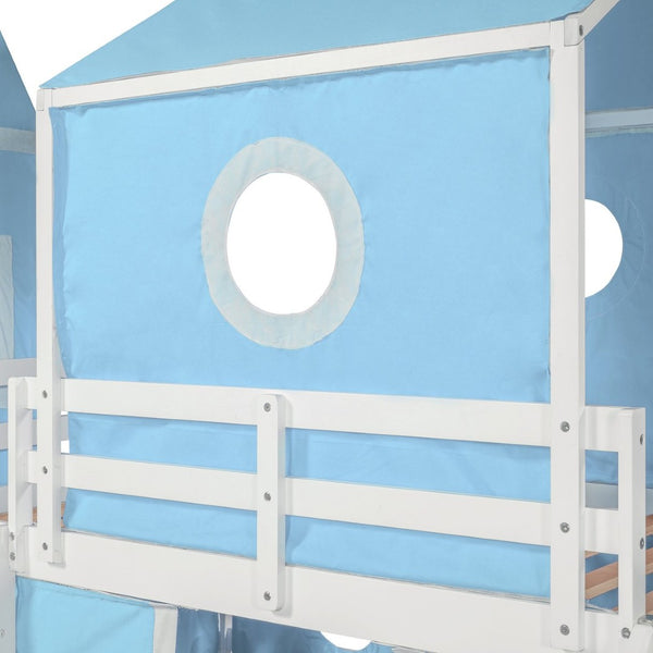 English Elm Twin Castle Loft Bed with Slide Tent and Tower Pinewood Playhouse Frame for Kids N708P249475C