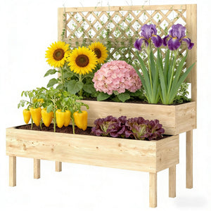 English Elm Patio Fir Wood Tiered Raised Garden Bed with Built-in Trellis for Climbing Plants T3971P476916