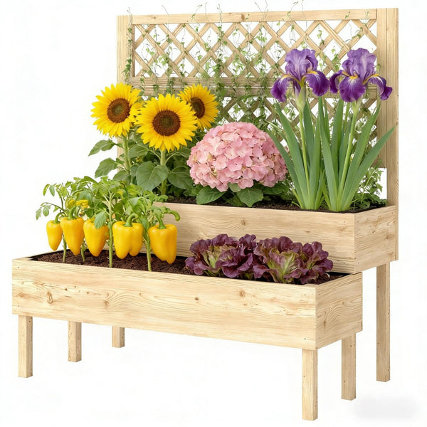 English Elm Patio Fir Wood Tiered Raised Garden Bed with Built-in Trellis for Climbing Plants T3971P476916