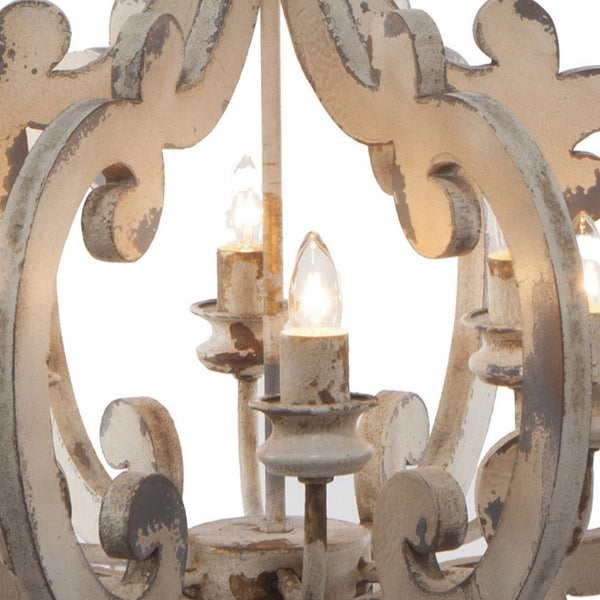 English Elm Aki Six Light Carved Wood Chandelier Antique White Vintage Classic Dining Room B056P412605