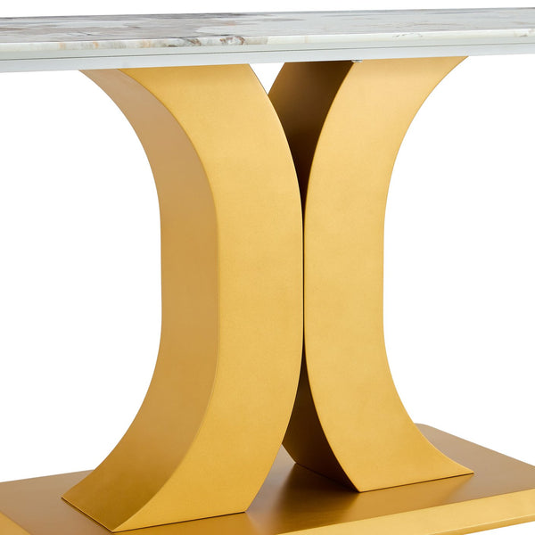 English Elm A modern minimalist dining table with imitation marble glass top, gold MDF legs, easy assembly, durable elegance W1151S01193
