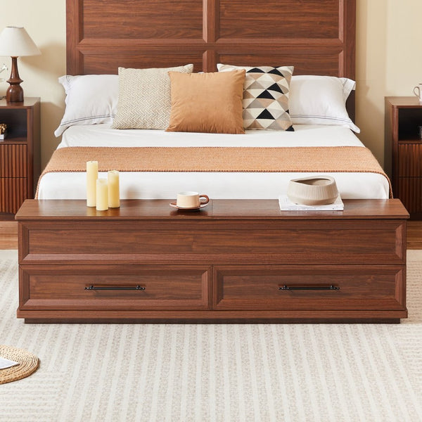 English Elm Queen Storage Bed with Geometric 3d Headboard Four Drawers and Walnut Finish W1820S00045