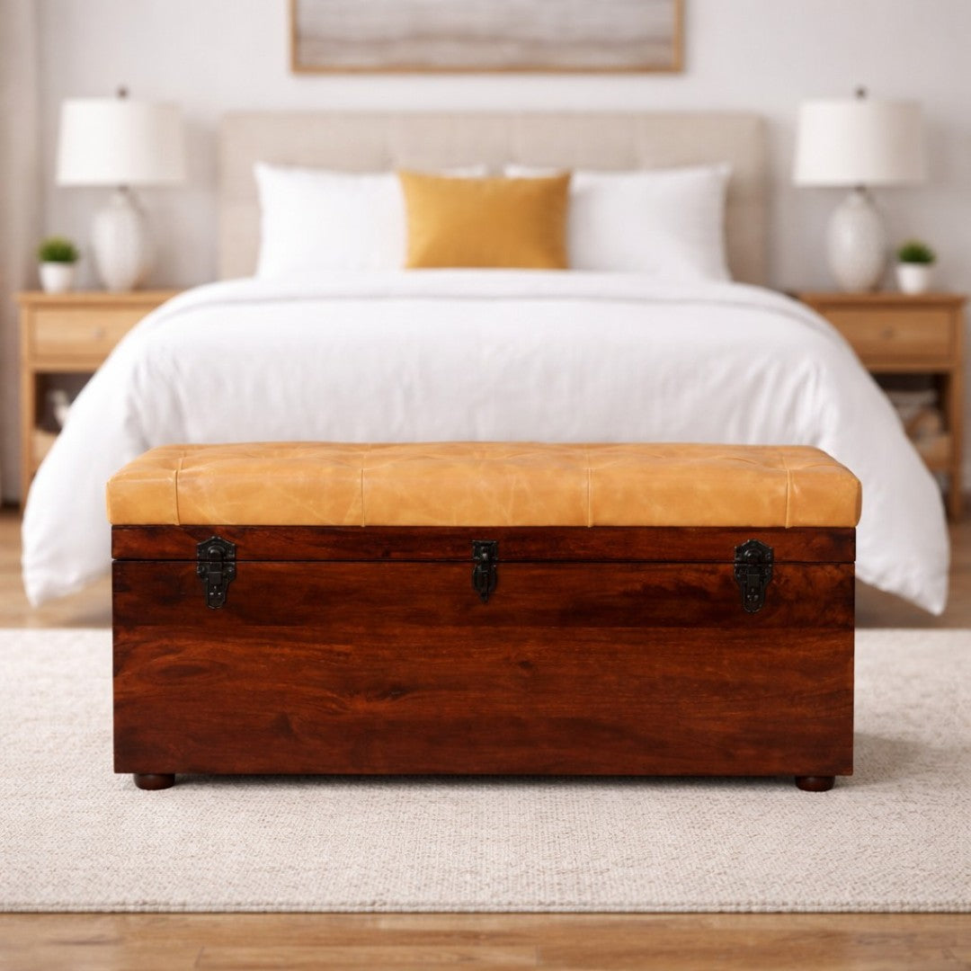 Solid Wood Handcrafted Storage Bench Trunk with Tan Leather Lift Top S