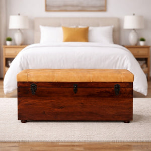 English Elm Solid Wood Handcrafted Storage Bench Trunk with Tan Leather Lift Top Seat B182P490914