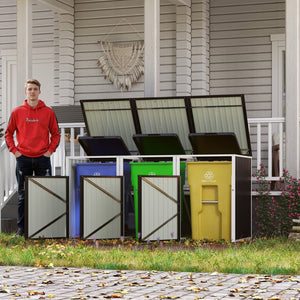 English Elm Garbage Bin Shed Galvanized Steel Enclosure Fits Three Cans with Lockable Waterproof Lid Dark Gray W1598P357716