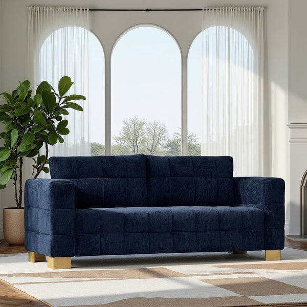 English Elm FX-P54-RB Modern Chenille 3-Seater Sofa with Wide Arms, Tufted Box Stitching & Stainless Legs for Durable Comfort Retro Blue W576S00170