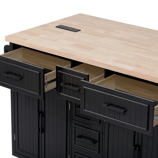 English Elm K&K 56.5" Kitchen Island with Drop Leaf, Embossed Vertical Stripe Barn Doors, Wheels & Charging Hub Black N707P263094B