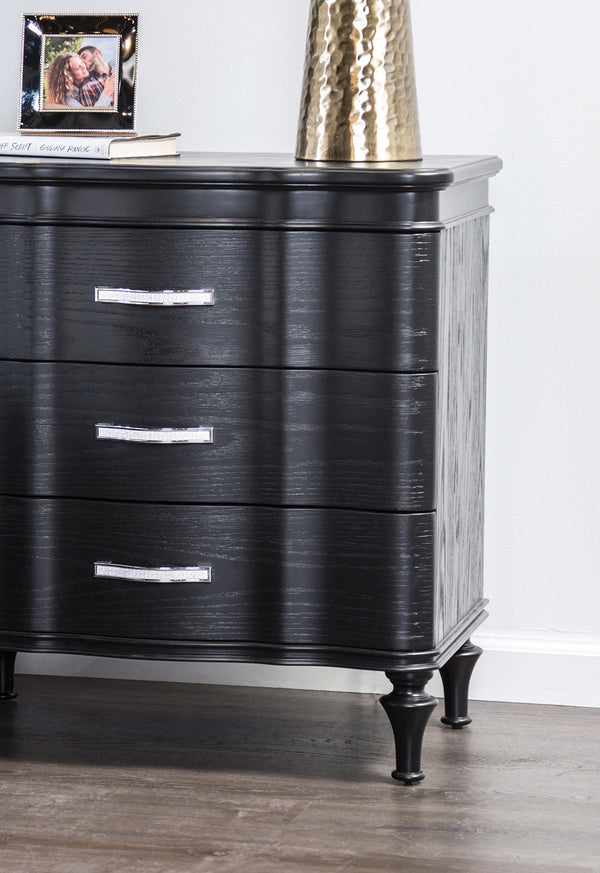 English Elm 1pc Nightstand Scalloped Serpentine Front Bedside Table with Chrome Pulls Elegant Art Deco Flair Black 31 L x 20 W x 28 H B011P326224