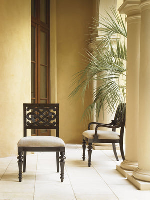 Molokai Arm Chair Carved Mahogany Frame Woven Seat Coastal Tropical Accent Seating