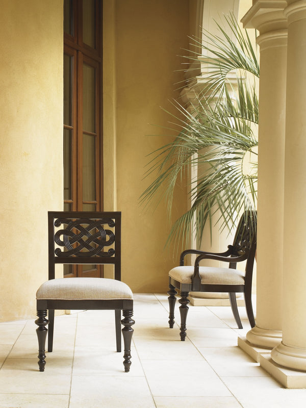 Molokai Arm Chair Carved Mahogany Frame Woven Seat Coastal Tropical Accent Seating