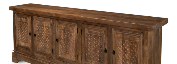 Sarreid Gentry Sideboard - Unique Carved Doors, Elegant Mango Wood, Beautiful Walnut Finish For Any Space Brown  53702